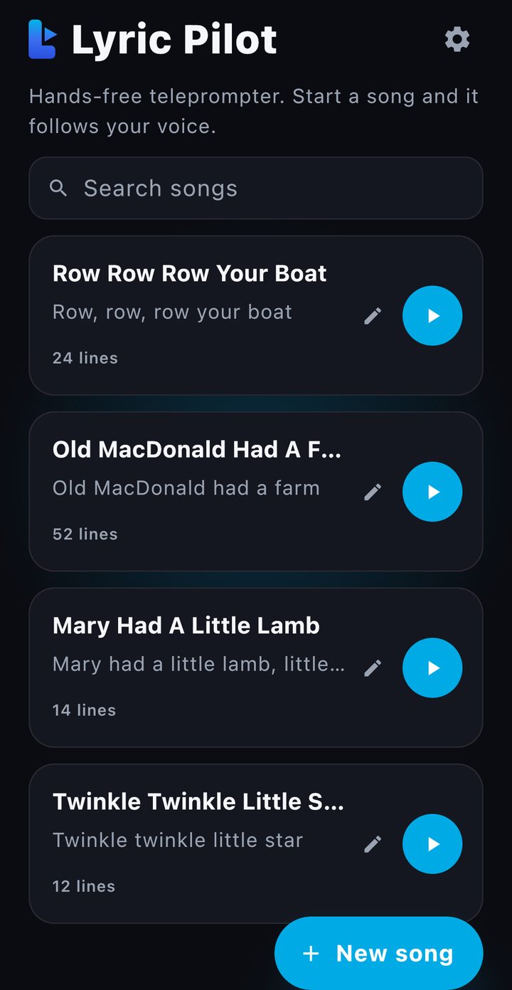 Song library screen listing saved songs