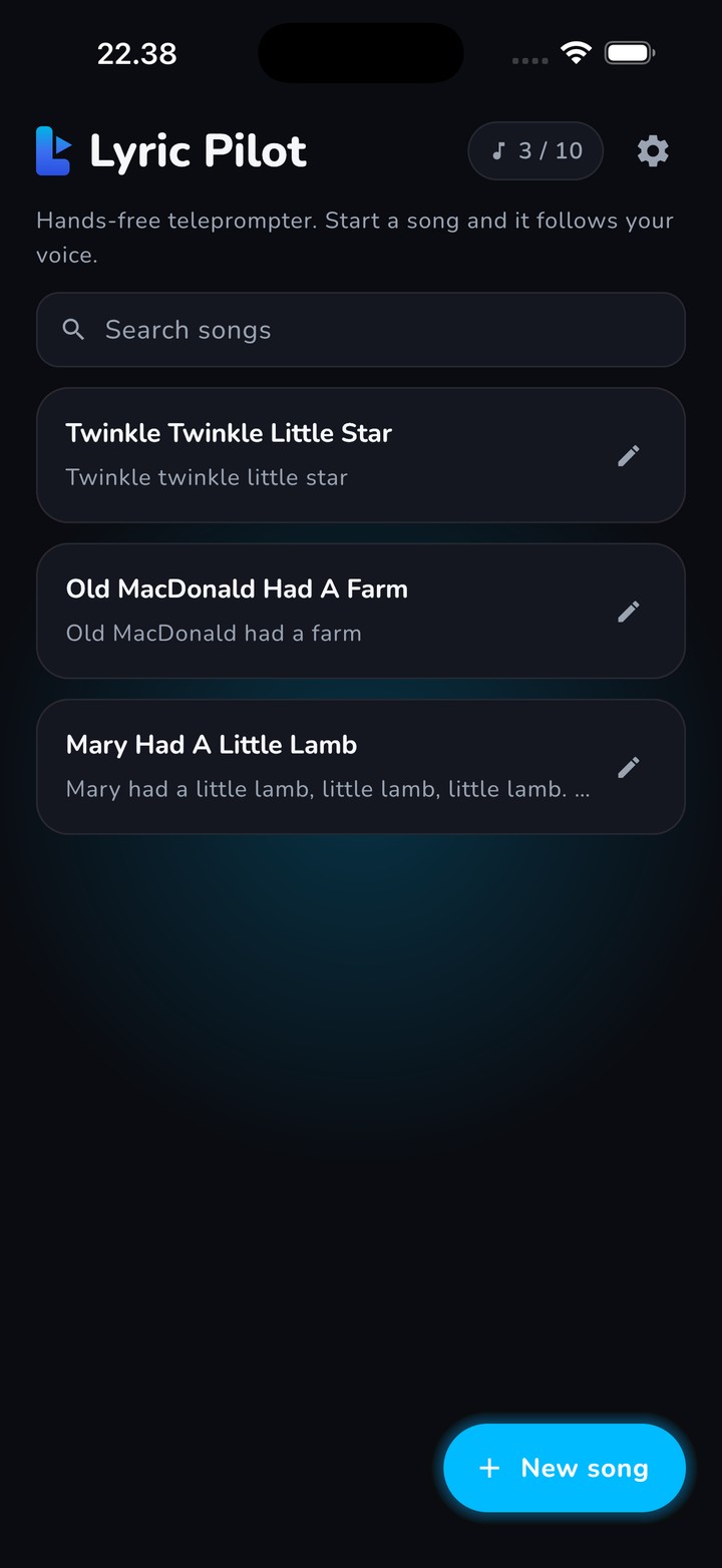 Song library screen listing saved songs
