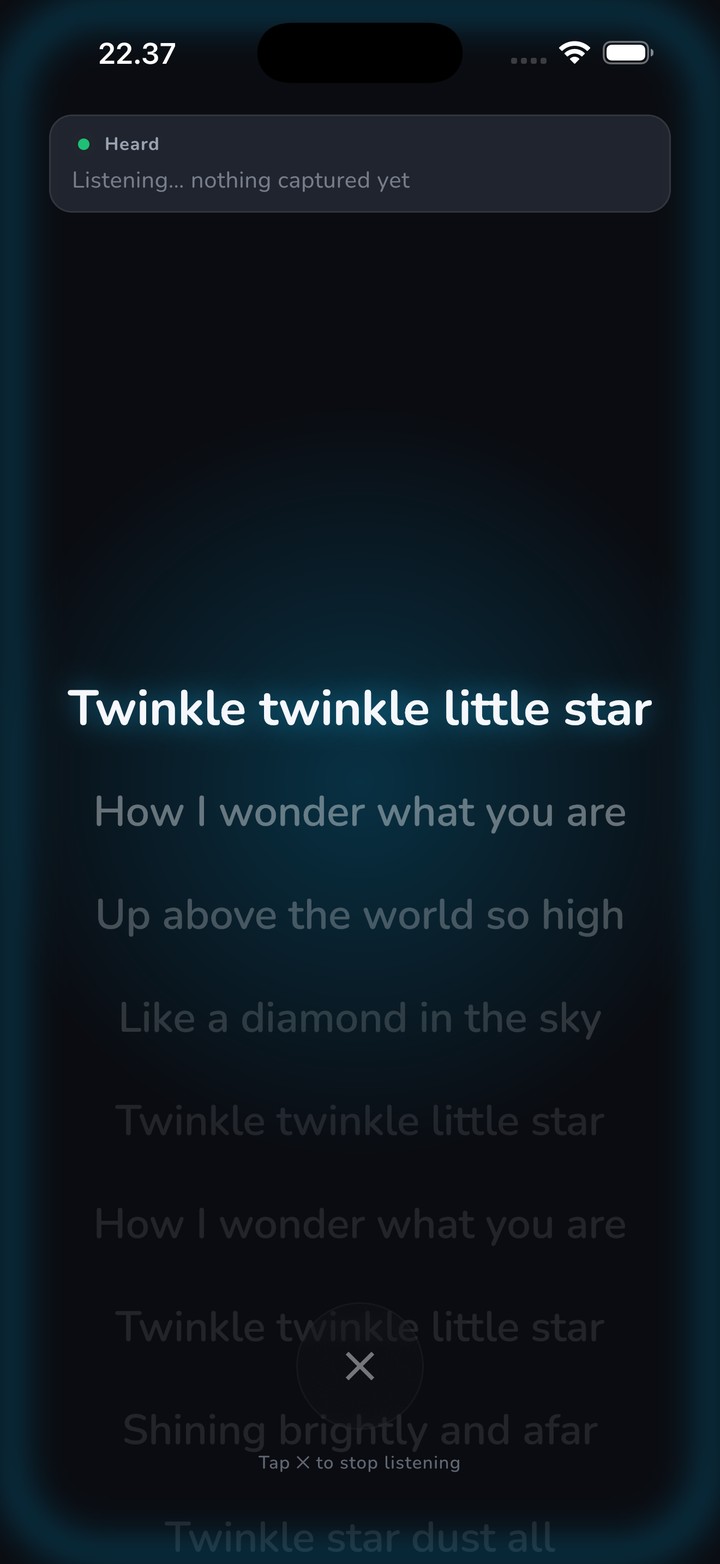 Prompter following a song: the current lyric line glows while the app listens